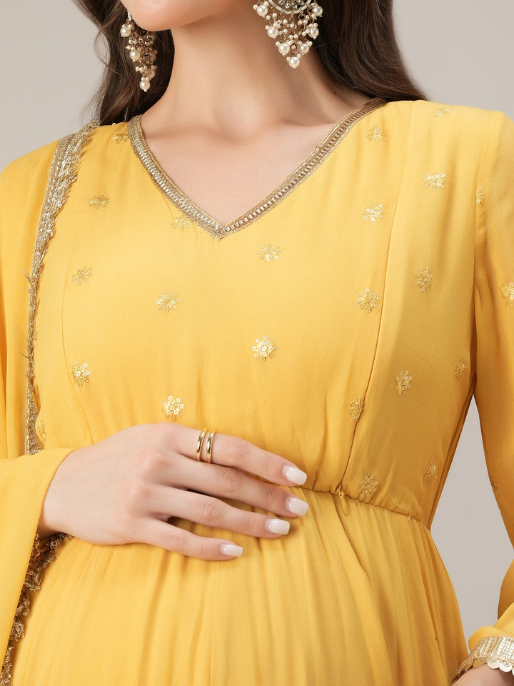 Yellow Embroidered Maternity Kalidaar Kurta with Dupatta Set