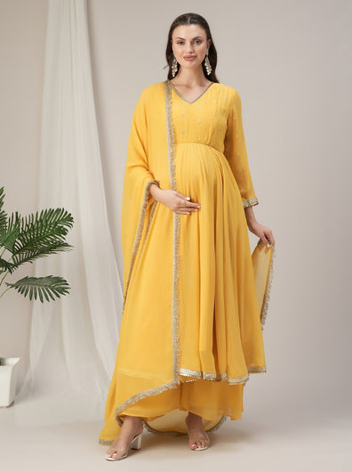Yellow Embroidered Maternity Kalidaar Kurta with Dupatta Set