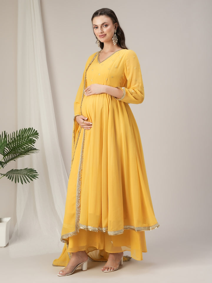 Yellow Embroidered Maternity Kalidaar Kurta with Dupatta Set