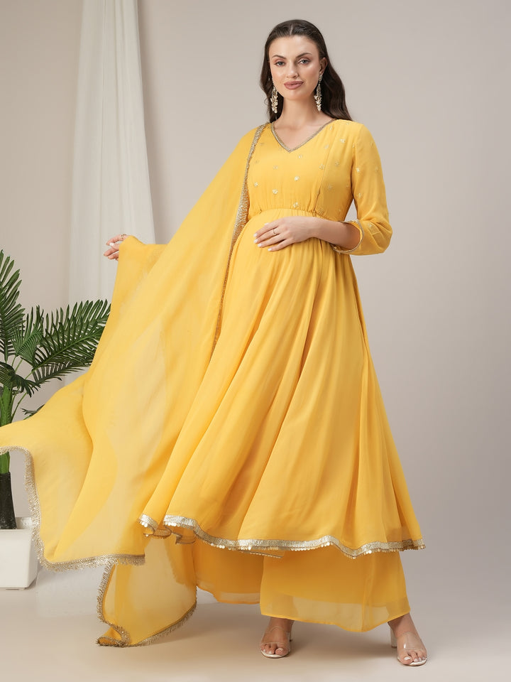 Yellow Embroidered Maternity Kalidaar Kurta with Dupatta Set