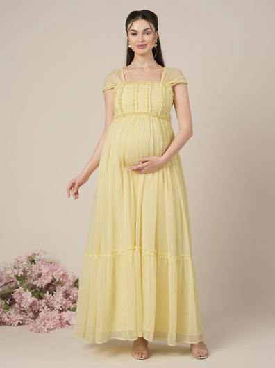 Yellow Maternity & Nursing Floral Long Party Dress