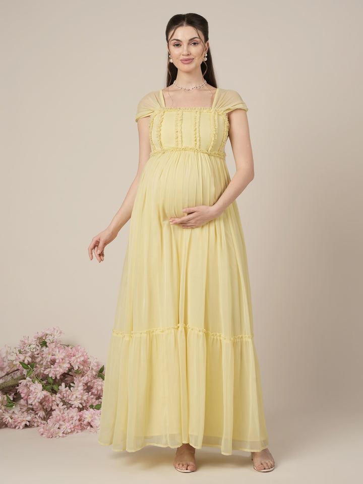 Yellow Maternity & Nursing Floral Long Party Dress