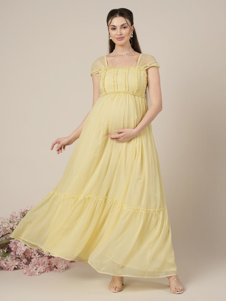 Yellow Maternity & Nursing Floral Long Party Dress