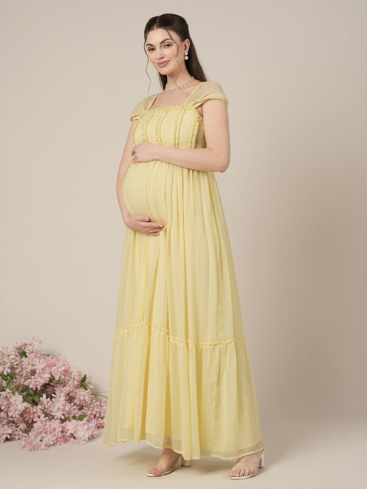 Yellow Maternity & Nursing Floral Long Party Dress