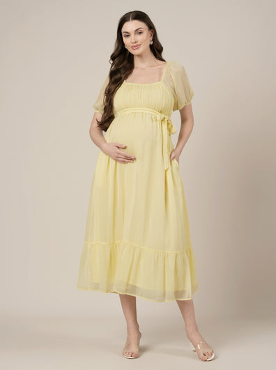 Yellow Maternity & Nursing Chiffon Long Dress