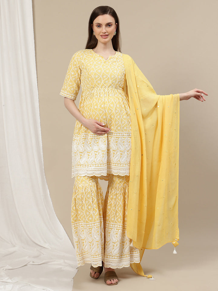 3pc. Maternity Embroidery Sharara Suit- Yellow