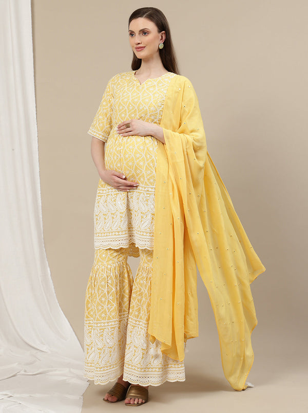 3pc. Maternity Embroidery Sharara Suit- Yellow