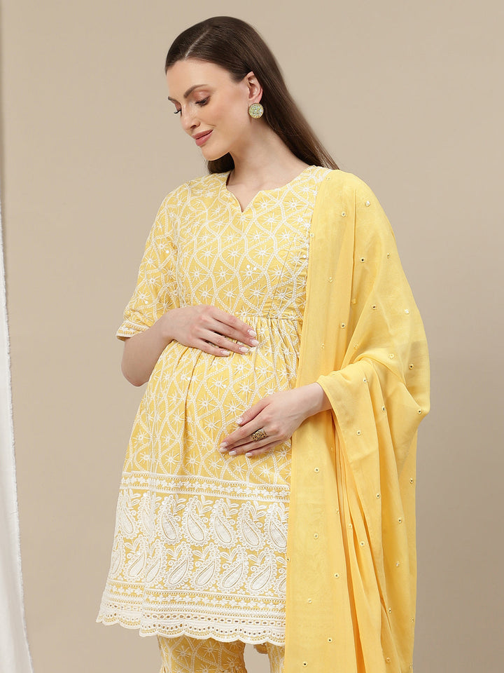 3pc. Maternity Embroidery Sharara Suit- Yellow