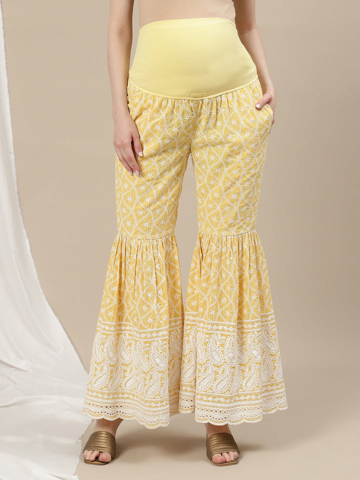 3pc. Maternity Embroidery Sharara Suit- Yellow
