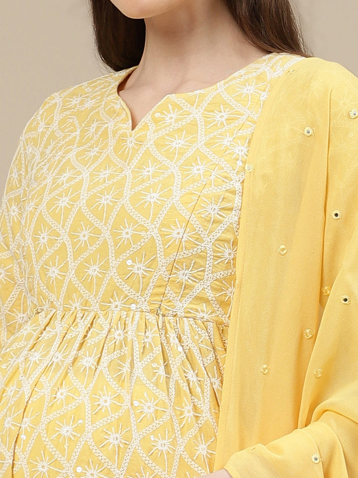 3pc. Maternity Embroidery Sharara Suit- Yellow