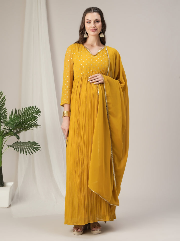 Yellow Pleated Maternity & Nursing Kurta with Dupatta Set