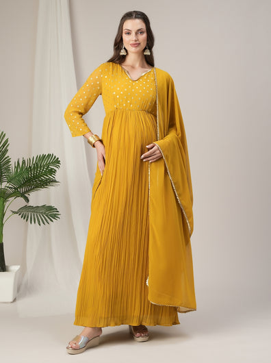 Yellow Pleated Maternity & Nursing Kurta with Dupatta Set
