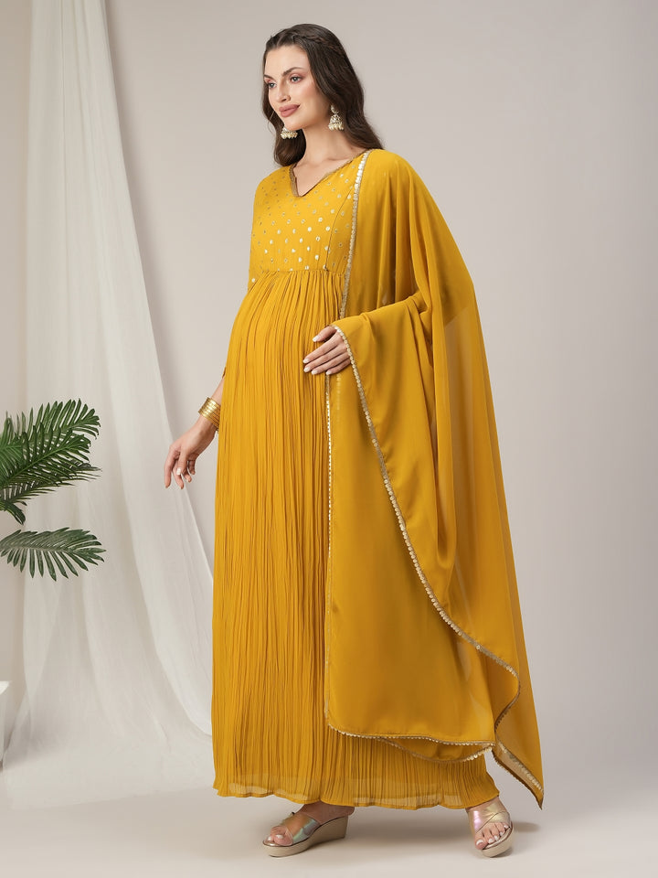 Yellow Pleated Maternity & Nursing Kurta with Dupatta Set