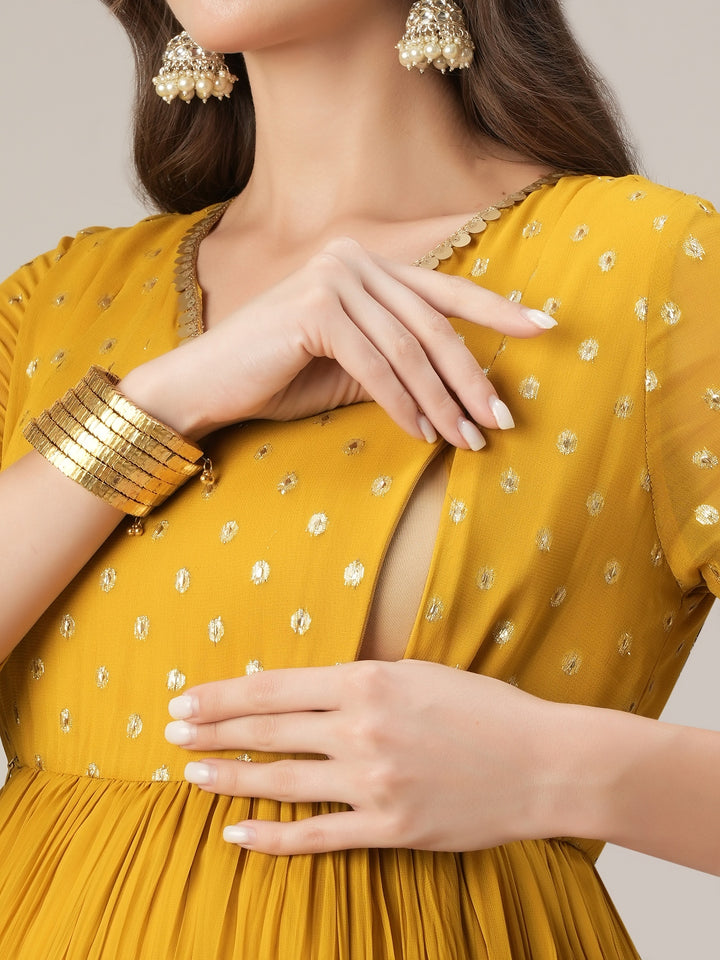 Yellow Pleated Maternity & Nursing Kurta with Dupatta Set