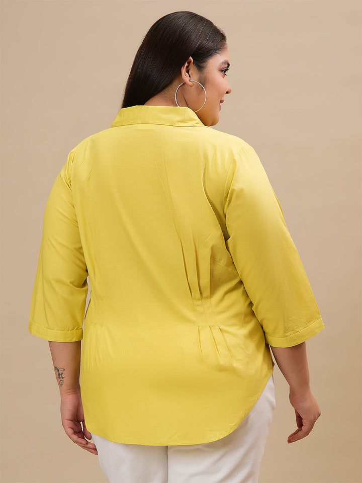 Plus-size woman in back view wearing Yellow Plus Size Cotton Shirt with long sleeves and relaxed fit