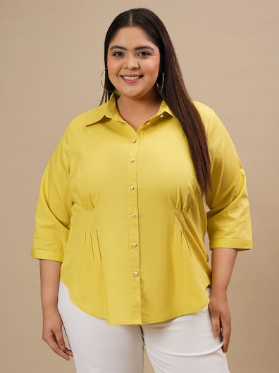 Plus-size woman in front view smiling while wearing Yellow Plus Size Cotton Shirt featuring button-down front