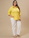 Plus Size Yellow Cotton Shirt with Waist Pleats