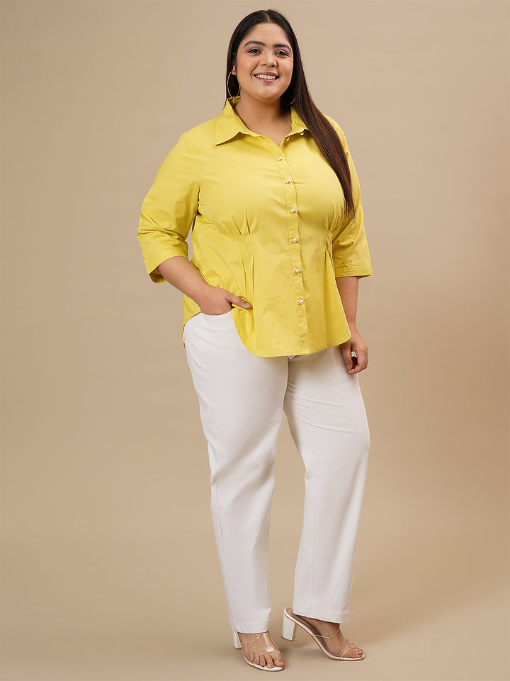 Plus Size Yellow Cotton Shirt with Waist Pleats