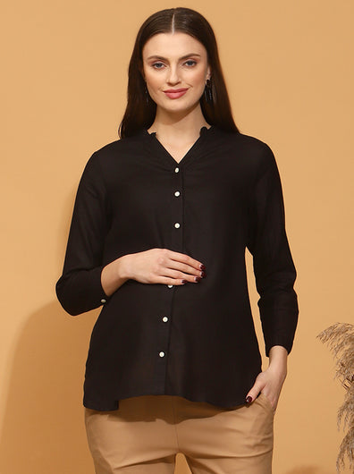 Maternity Cotton Linen Shirt- Black