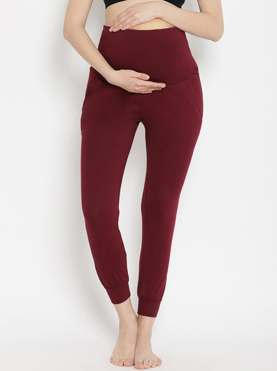 High-rise Maternity Joggers Pants- Wine Berry