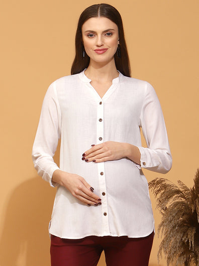 Maternity Cotton Linen Shirt- White