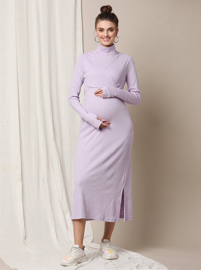 Zipless Maternity Dress with Slit- Purple