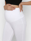 Close-up image of the elastic-free, over-belly waistband on Wobbly Walk White Maternity Leggings, emphasizing comfort and support