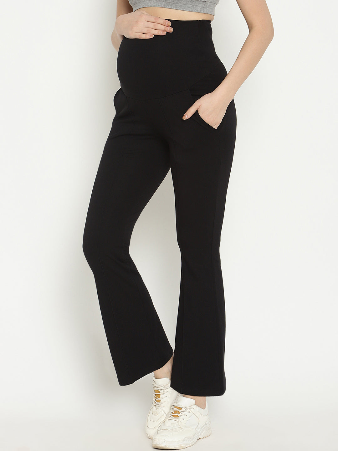 Over the Bump Cotton Flare Maternity Pants - Navy Blue | Wobbly Walk