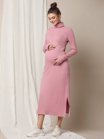 strapless open back dress Zipless Maternity Dress with Slit- Pink