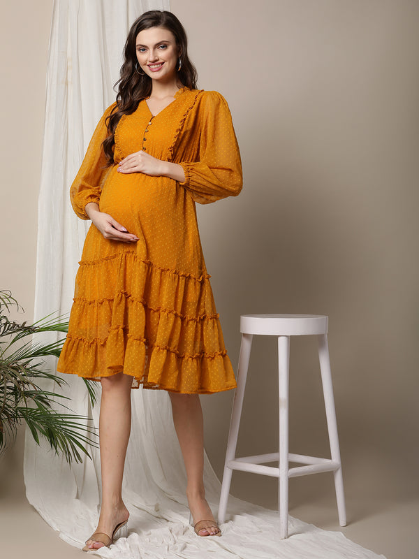 Maternity Tiered Casual Dress- Mustard