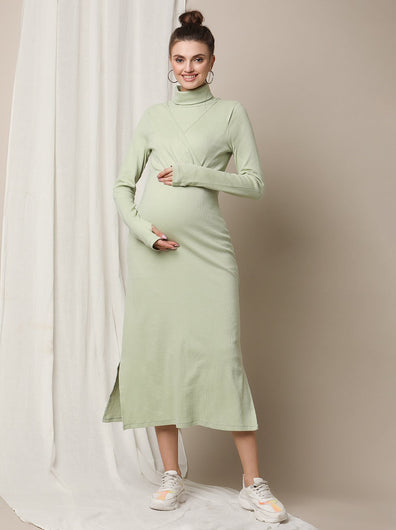 Zipless Maternity Dress with Slit- Green