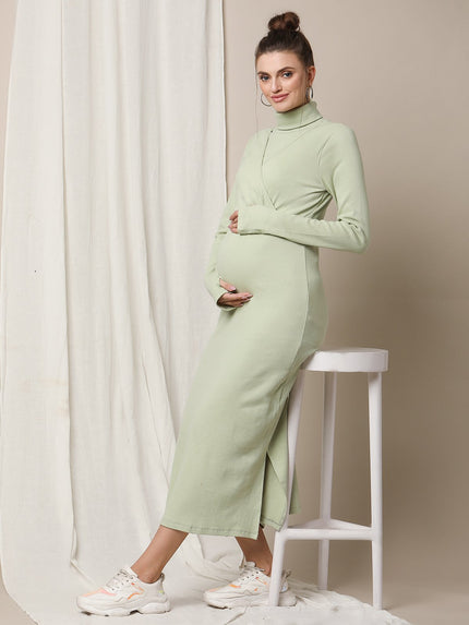 Zipless Maternity Dress with Slit- Green