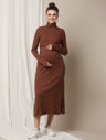 Brown Maternity Overlay Rib Knit Dress