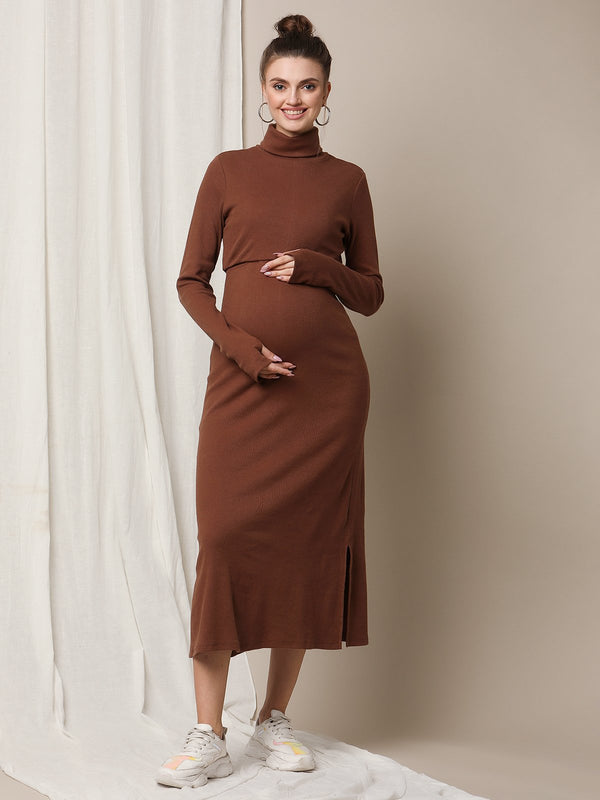 Brown Maternity Overlay Rib Knit Dress