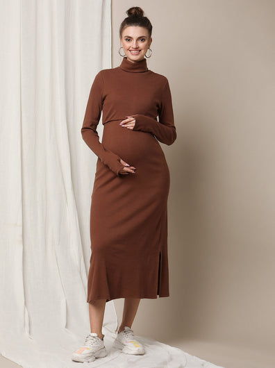 Bodycon Maternity Zipless Dress- Brown