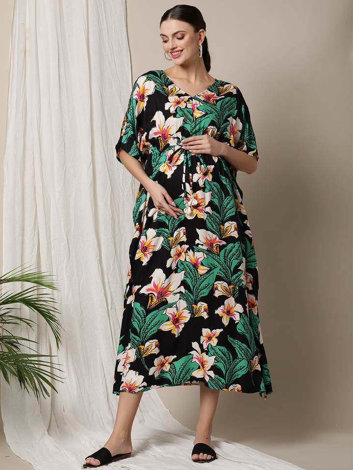 Floral Printed Maternity Kaftan in black colour - front