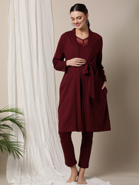 3pc. Maternity Pajama Set With Robe- Red