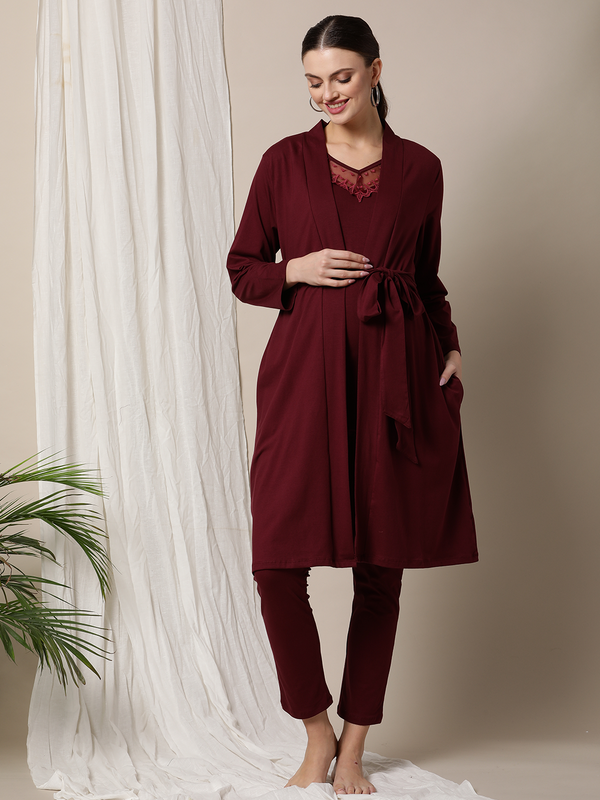 3pc. Maternity & Nursing Nightwear Pajama Set With Robe