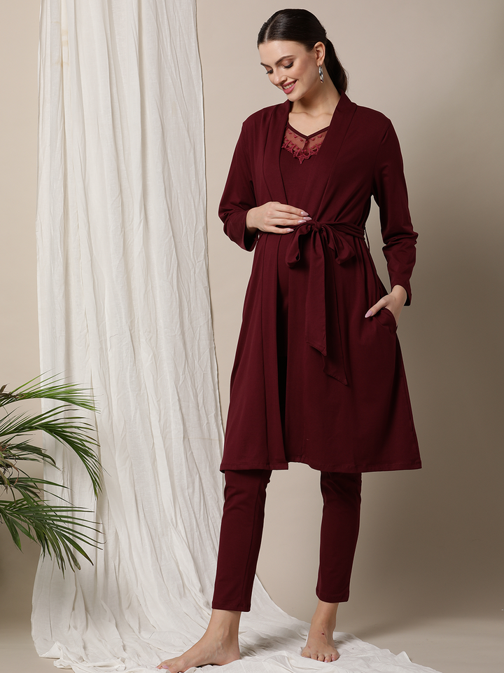 3pc. Maternity & Nursing Nightwear Pajama Set With Robe