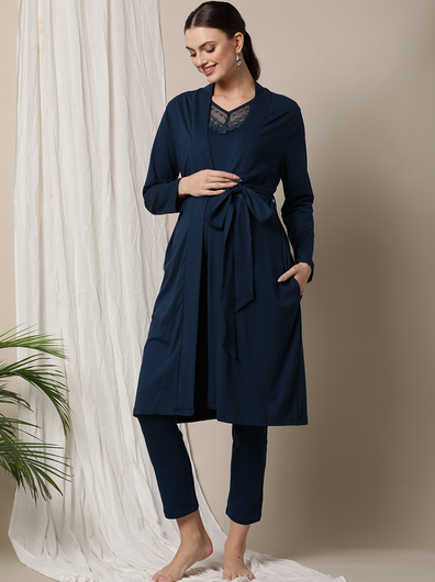 3pc. Maternity Pajama Set With Robe- Blue