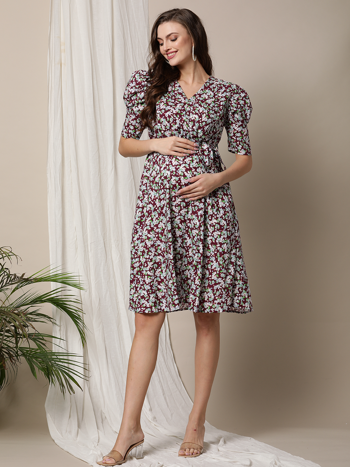 Puff shoulder Printed Maternity Dress