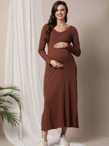 Maternity Ribbed Bodycon Maxi Dress- Brown Maternity Ribbed Bodycon Maxi Dress- Brown