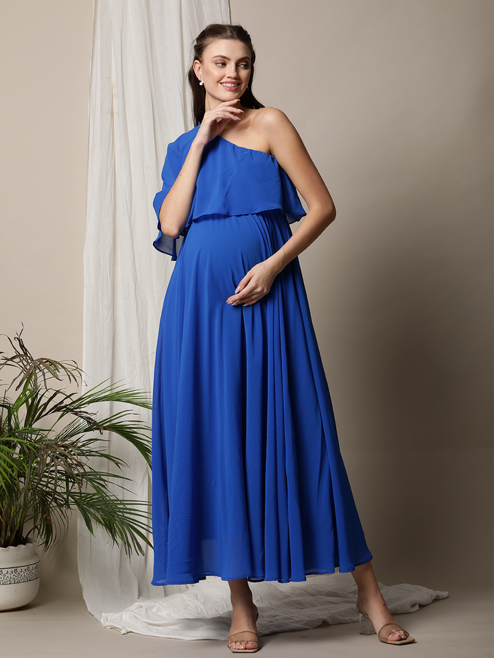 One-Shoulder Blue Nursing Dress