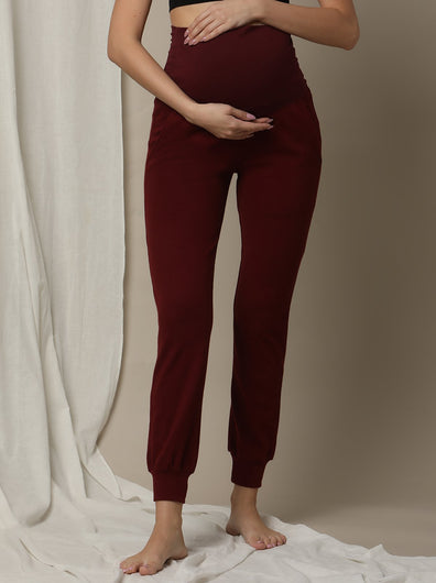 Stretchy Rib Maternity Jogger Pants- Burgundy