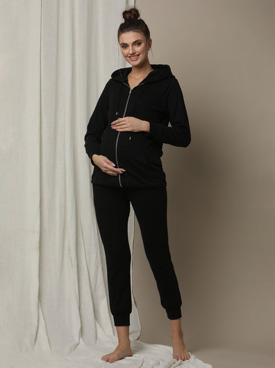 2pc. Maternity Hoodie & Jogger Lounge Set- Black