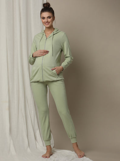 2pc. Maternity Hoodie & Jogger Lounge Set- Green