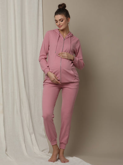 2pc. Maternity Hoodie & Jogger Lounge Set- Pink