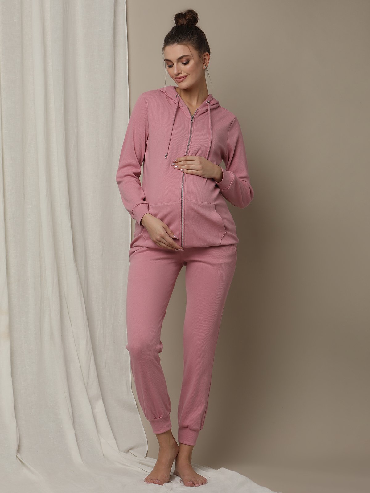 Ribbed Knit Maternity Hoodie & Jogger Set- Pink