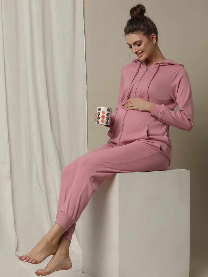 2pc. Rib-Knit Maternity Hoodie + Jogger Set