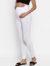 Side view of Wobbly Walk White Maternity Leggings highlighting the side pocket with over-belly design